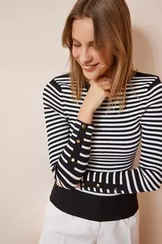 Женская черно-белая трикотажная блузка в полоску с золотыми пуговицами на манжетах Happiness stanbul, черный