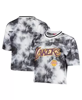 Женская черно-белая укороченная футболка Los Angeles Lakers Hardwood Classics с принтом тай-дай Mitchell & Ness