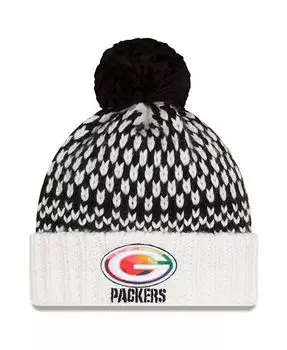 Женская черно-белая вязаная шапка Green Bay Packers 2023 NFL Crucial Catch с манжетами и помпоном New Era, черный