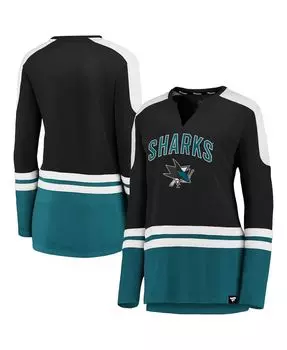 Женская черно-бирюзовая футболка с длинным рукавом San Jose Sharks Iconic Slapshot с вырезом в горловине Fanatics