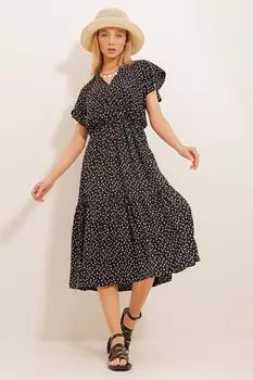 Женская черно-желтая двубортная юбка с воротником из вискозы с воланами ALC-X4373 Trend Alaat Stili, черный