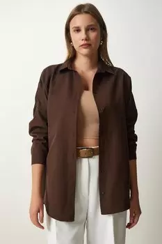 Женская длинная базовая рубашка оверсайз горько-коричневого цвета Happiness Istanbul, темно-синий