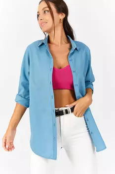 Женская длинная базовая рубашка оверсайз ледяного синего цвета armonika, синий