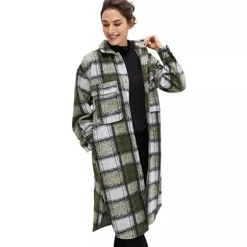 Женская длинная куртка-рубашка Ellos из смесовой шерсти больших размеров, цвет Deep Olive Plaid