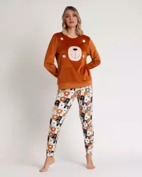 Женская длинная пижама из бархатной ткани нежного коричневого цвета Admas