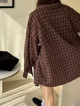 Женская длинная рубашка со свободным клетчатым воротником Dazy, красный