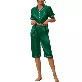 Женская домашняя одежда Топы и капри Атласные пижамные комплекты Cheibear, цвет Dark Green