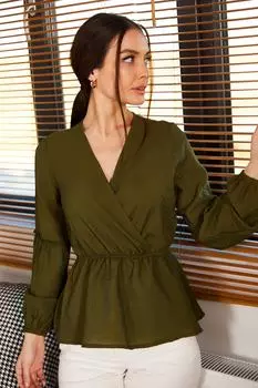 Женская двубортная блузка цвета хаки с эластичными рукавами и талией armonika