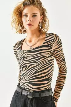 Женская двухслойная блузка из лайкры с квадратным воротником и зеброй, верблюжьего цвета Olalook, коричневый