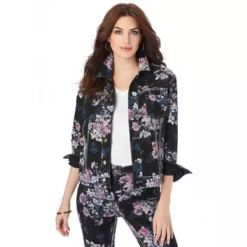 Женская двусторонняя джинсовая куртка Roaman больших размеров из эластичного денима Roaman's, цвет Black Blooming Rose