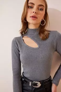 Женская дымчатая трикотажная блузка с вырезами Happiness stanbul, серый