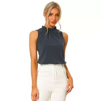 Женская джинсовая блузка из шамбре без рукавов с оборками и воротником-стойкой с рюшами ALLEGRA K, цвет Dark Blue