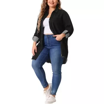 Женская джинсовая длинная куртка-рубашка больших размеров с длинным рукавом на пуговицах Agnes Orinda, черный