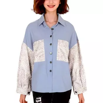 Женская джинсовая куртка-бойфренд на пуговицах с контрастным леопардовым принтом и двумя карманами Anna-Kaci, цвет Light Blue