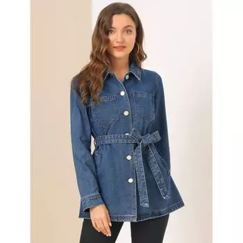 Женская джинсовая куртка бойфренда с рукавами реглан на пуговицах и завязкой на талии ALLEGRA K, темно-синий