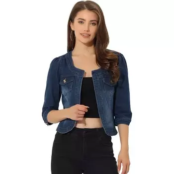 Женская джинсовая куртка Джинсовые куртки без воротника с рукавом 3/4 ALLEGRA K, цвет Dark Blue
