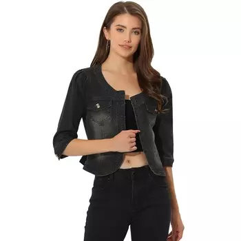 Женская джинсовая куртка Джинсовые куртки без воротника с рукавом 3/4 ALLEGRA K, черный