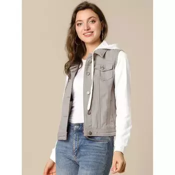 Женская джинсовая куртка на пуговицах с длинным рукавом и капюшоном на шнурке Джинсовые куртки ALLEGRA K, черный