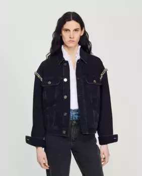 Женская джинсовая куртка оверсайз со стразами Sandro, черный