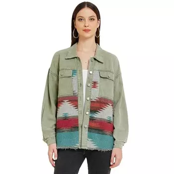 Женская джинсовая куртка с лацканами и длинным рукавом в винтажном стиле ALLEGRA K, зеленый