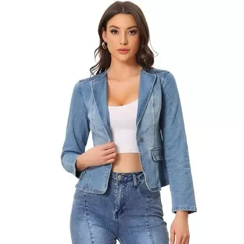 Женская джинсовая куртка с воротником с лацканами и длинным рукавом, рабочий джинсовый пиджак на одной пуговице ALLEGRA K, цвет Light Blue
