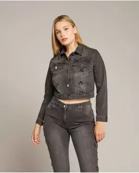 Женская джинсовая куртка с вышивкой бисером и декором Elena Mir, черный