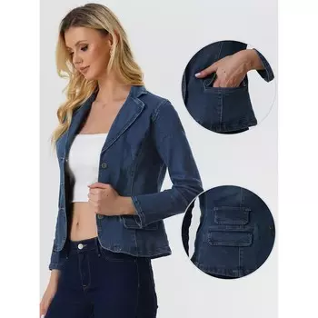 Женская джинсовая куртка с зубчатым воротником и воротником с лацканами, повседневный офисный джинсовый пиджак ALLEGRA K, цвет Dark Blue