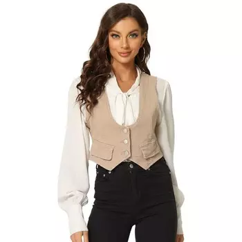 Женская джинсовая куртка-жилет без рукавов на пуговицах с круглым вырезом ALLEGRA K, цвет Khaki