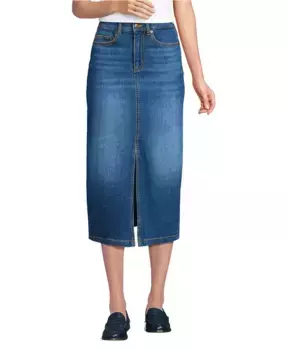 Женская джинсовая миди-юбка прямого кроя с мягкой тканью Lands' End, синий