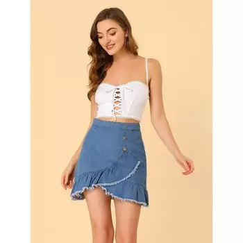 Женская джинсовая мини-юбка с рюшами и пуговицами спереди ALLEGRA K, цвет Light Blue