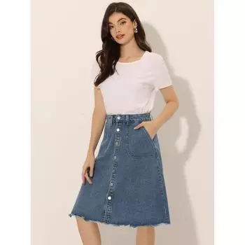 Женская джинсовая юбка с необработанным краем на пуговицах, джинсовые юбки миди трапециевидной формы ALLEGRA K, синий