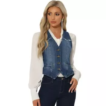 Женская джинсовая жилетка без рукавов, потертая джинсовая куртка с эффектом потертости ALLEGRA K, цвет Dark Blue