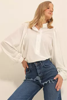 Женская фактурная блузка-рубашка с белым воротником и пуговицами спереди с воздушными рукавами ALC-X11325 Trend Alaat Stili, белый