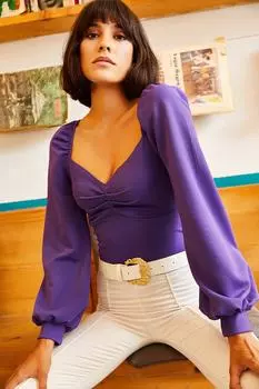 Женская фиолетовая блузка со сборками спереди и объемными рукавами Olalook, фиолетовый