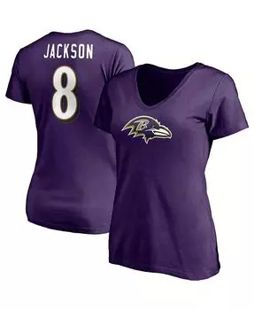 Женская фиолетовая футболка с логотипом Lamar Jackson и логотипом игрока Baltimore Ravens с v-образным вырезом Fanatics, фиолетовый