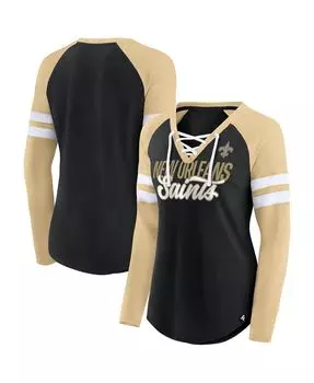 Женская фирменная черно-золотая футболка New Orleans Saints True to Form реглан на шнуровке с v-образным вырезом и длинными рукавами Fanatics
