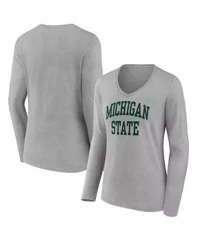 Женская фирменная футболка Heather Grey Michigan State Spartans Basic Arch с длинными рукавами и v-образным вырезом Fanatics, серый