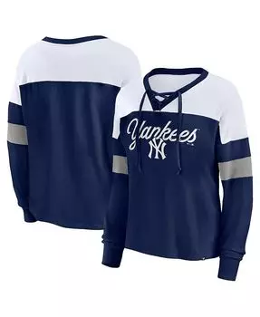 Женская фирменная темно-синяя, белая футболка New York Yankees Even Match со шнуровкой и длинным рукавом с v-образным вырезом Fanatics, синий