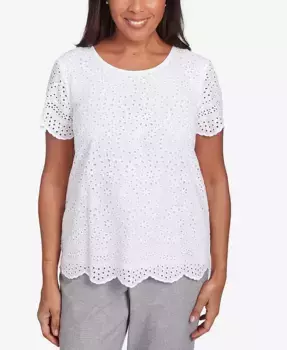 Женская футболка Alfred Dunner Crystal Springs с ажурным краем и круглым вырезом, белый