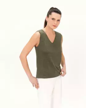 Женская футболка без рукавов из 100% льна с V-образным вырезом Caroll, цвет Kaki