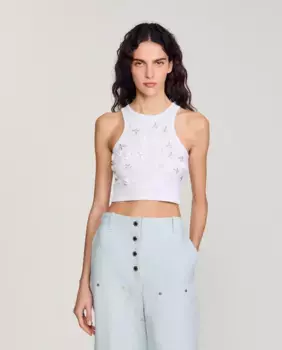 Женская футболка без рукавов со стразами и жемчугом Sandro, белый