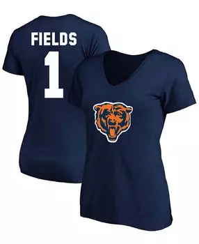 Женская футболка больших размеров Justin Fields Navy Chicago Bears с именем игрока и номером с v-образным вырезом Fanatics, темно-синий