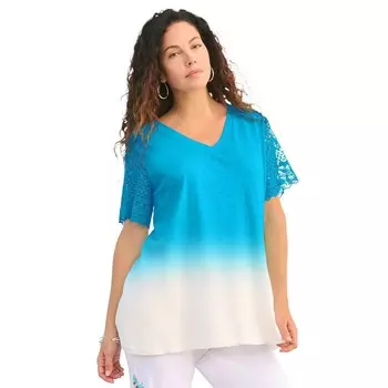Женская футболка больших размеров Roaman с кружевными рукавами и эффектом омбре Roaman's, цвет Ocean
