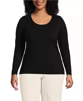 Женская футболка большого размера из легкого джерси с длинным рукавом и глубоким вырезом Lands' End, черный