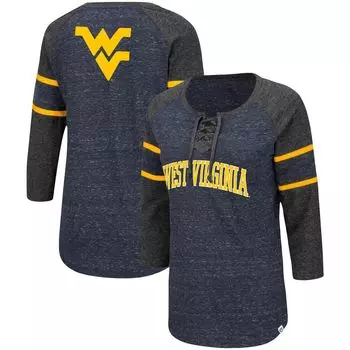 Женская футболка Colosseum Navy/Heared Charcoal West Virginia Mountaineers Scienta Pasadena Raglan с рукавами 3/4 на шнуровке Colosseum