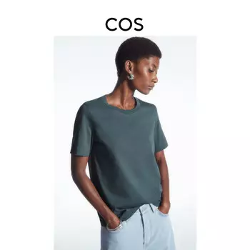 Женская футболка Cos в рубчик с короткими рукавами и круглым вырезом, бирюзовый