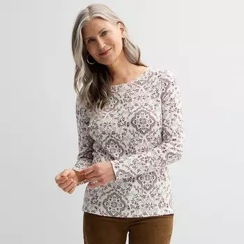 Женская футболка Croft & Barrow Essential с круглым вырезом и длинными рукавами, цвет Cream Medallion
