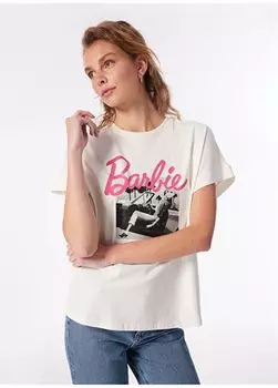 Женская футболка цвета экрю с круглым вырезом с принтом BRB4SL-TST6090 Barbie, экрю