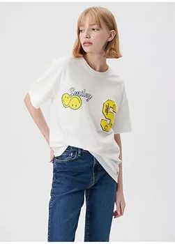 Женская футболка цвета экрю с круглым вырезом M1612085-70057 ФУТБОЛКА С ПРИНТОМ СМАЙЛИКИ Mavi, экрю