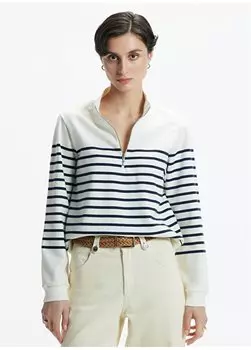 Женская футболка цвета экрю в полоску с воротником на молнии 24YKTS9007X Yargc, экрю